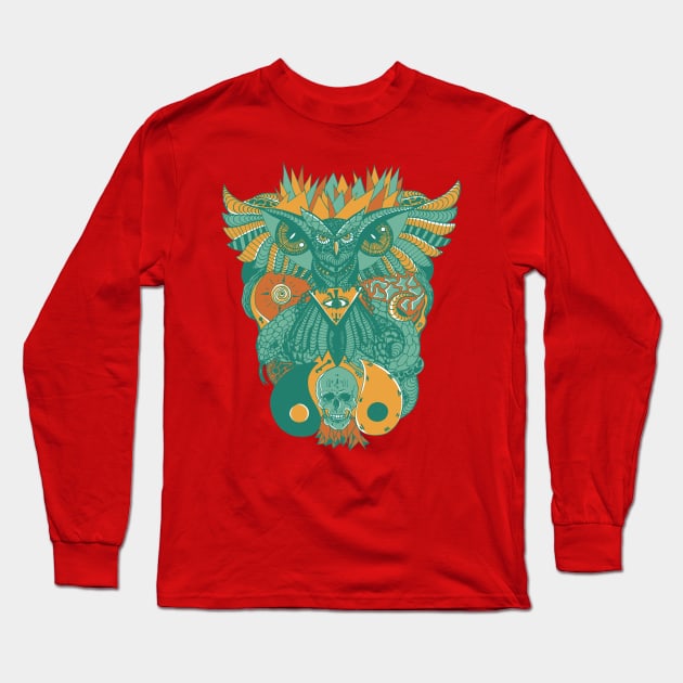 Mountain Green Owl And Ageless Skull Long Sleeve T-Shirt by kenallouis